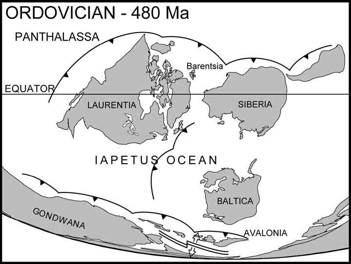 Pal&auml;oweltkarte: Iapetus im Ordovizium vor 480 Mio. Jahren